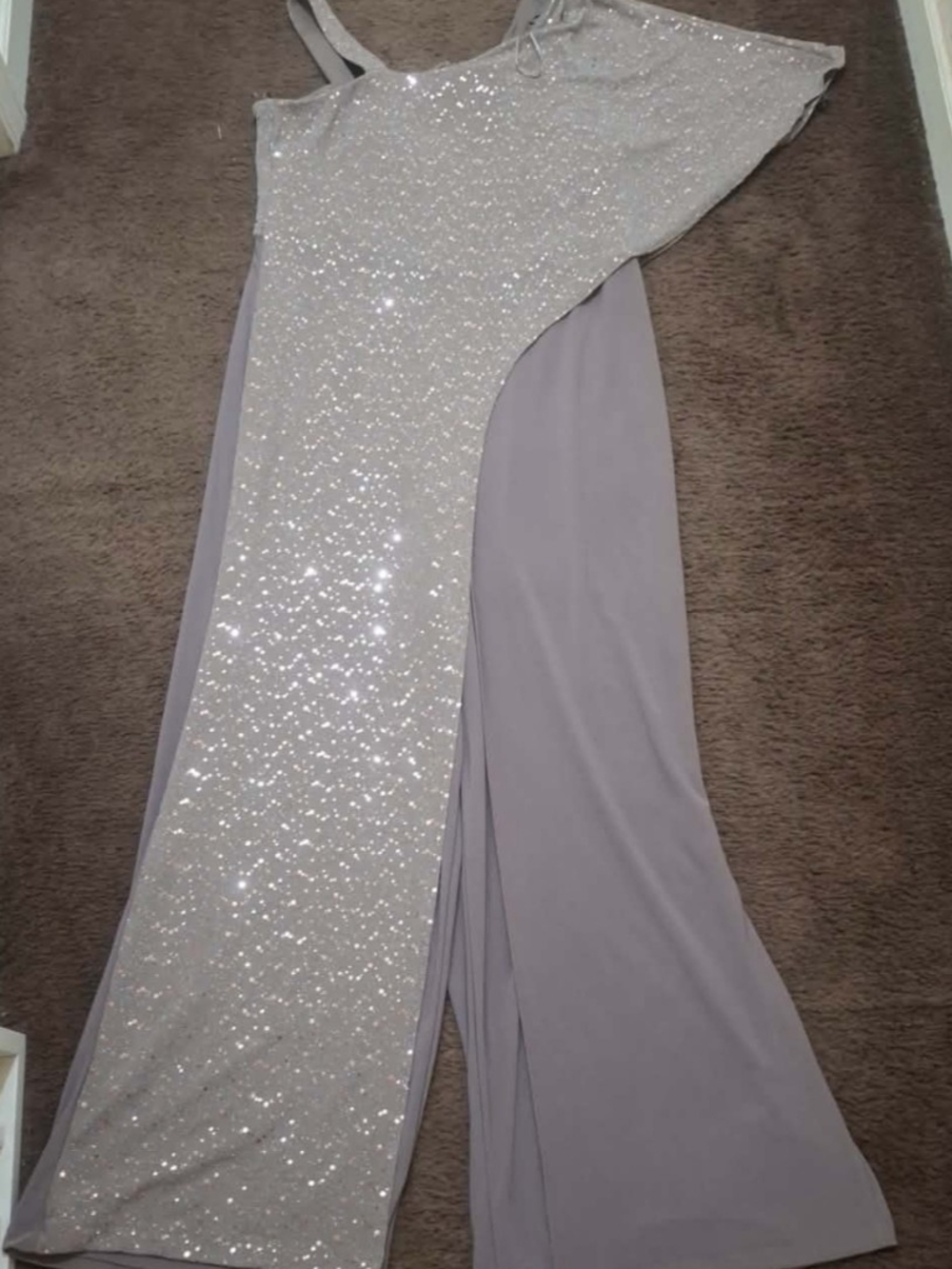 R&M Richards Silver Sequin One-Shoulder Asymmetrical Evening Gown